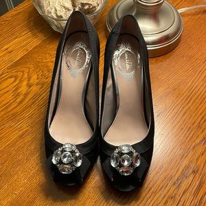 Sam & Libby Black Satin Open-Toed Heels with Rhinestone Accent